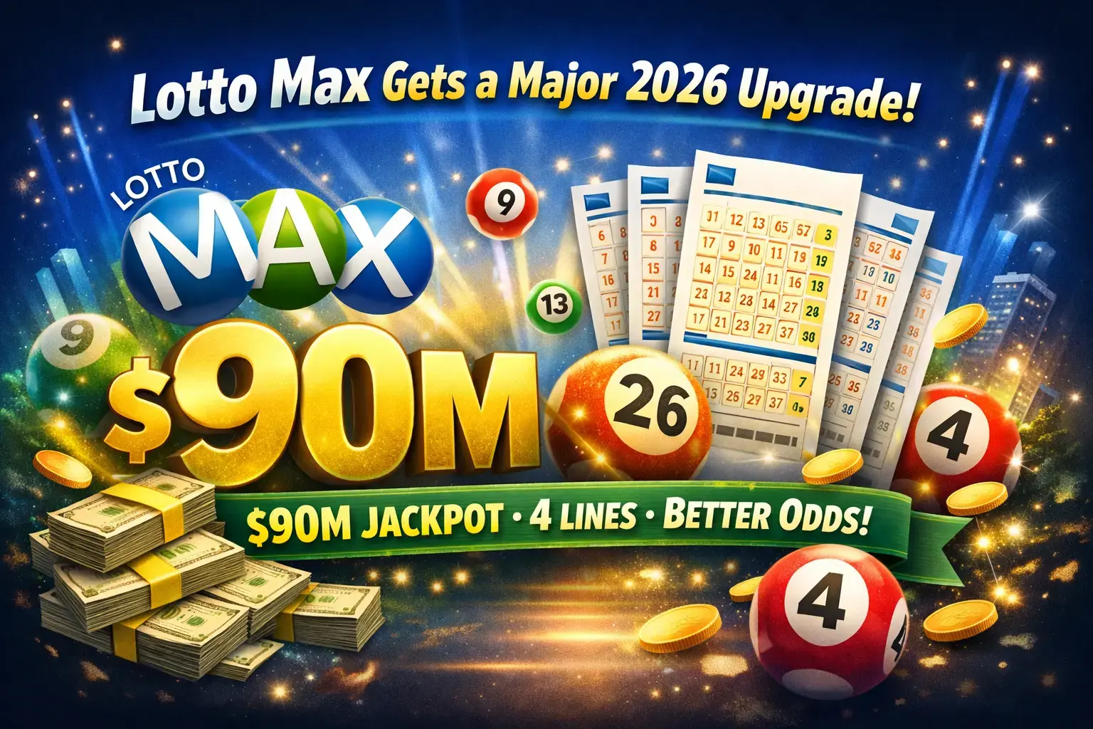 Lotto Max 2026 format change — $90 million jackpot, 4 selections, numbers 1 to 52